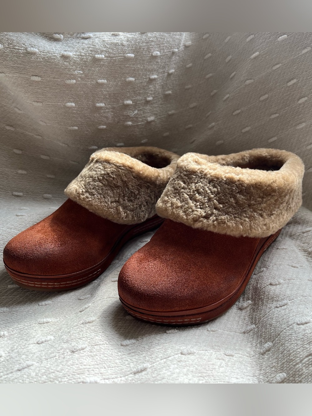 Antelope Brown Suede and Cream Fur-Lined Clogs
